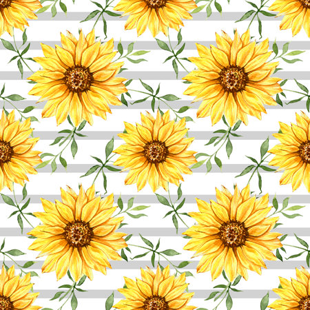 Watercolor Sunflower Background, Sunflower Seamless pattern with Hand Painted Watercolor Sunflowers and Greenery on white backgroundの写真素材