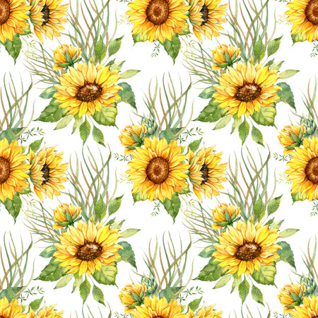 Watercolor Sunflower Background, Sunflower Seamless pattern with Hand Painted Watercolor Sunflowers and Greenery on white backgroundの写真素材