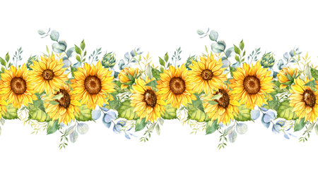 Sunflowers Seamless Border, Watercolor Sunflowers Arrangement, Hand Painted Sunflowers Bouuqet on white backgroundの写真素材