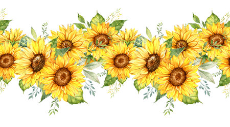 Sunflowers Seamless Border, Watercolor Sunflowers Arrangement, Hand Painted Sunflowers Bouuqet on white backgroundの写真素材