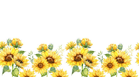 Sunflowers Seamless Border, Watercolor Sunflowers Arrangement, Hand Painted Sunflowers Bouuqet on white backgroundの写真素材