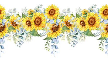 Sunflowers Seamless Border, Watercolor Sunflowers Arrangement, Hand Painted Sunflowers Bouuqet on white backgroundの写真素材
