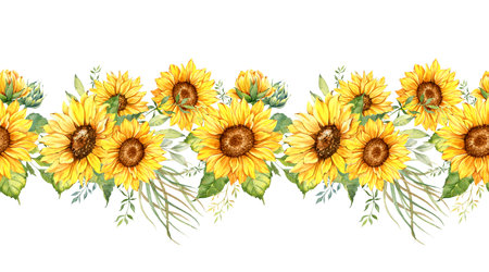 Sunflowers Seamless Border, Watercolor Sunflowers Arrangement, Hand Painted Sunflowers Bouuqet on white backgroundの写真素材