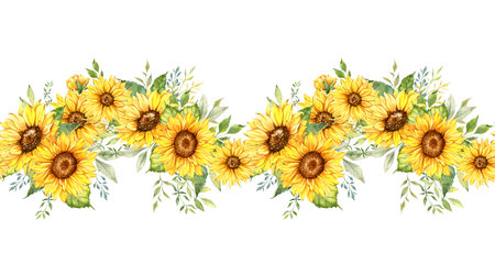 Sunflowers Seamless Border, Watercolor Sunflowers Arrangement, Hand Painted Sunflowers Bouuqet on white backgroundの写真素材