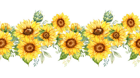 Sunflowers Seamless Border, Watercolor Sunflowers Arrangement, Hand Painted Sunflowers Bouuqet on white backgroundの写真素材