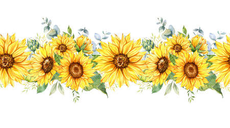Sunflowers Seamless Border, Watercolor Sunflowers Arrangement, Hand Painted Sunflowers Bouuqet on white backgroundの写真素材