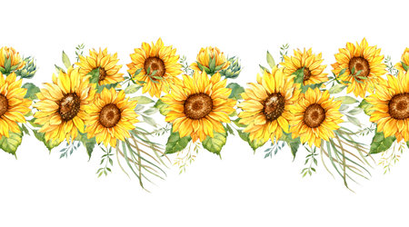 Sunflowers Seamless Border, Watercolor Sunflowers Arrangement, Hand Painted Sunflowers Bouuqet on white backgroundの写真素材