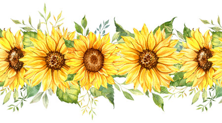 Sunflowers Seamless Border, Watercolor Sunflowers Arrangement, Hand Painted Sunflowers Bouuqet on white backgroundの写真素材