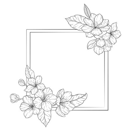 Floral Line Art frame, Sakura Flower Outline Illustration Set. Hand Painted Doodle Flowers. Perfect for wedding invitations, bridal shower and floral greeting cards.のイラスト素材