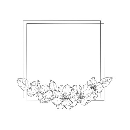 Floral Line Art frame, Sakura Flower Outline Illustration Set. Hand Painted Doodle Flowers. Perfect for wedding invitations, bridal shower and floral greeting cards.のイラスト素材