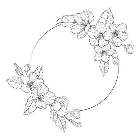 Floral Line Art frame, Sakura Flower Outline Illustration Set. Hand Painted Doodle Flowers. Perfect for wedding invitations, bridal shower and floral greeting cards.のイラスト素材