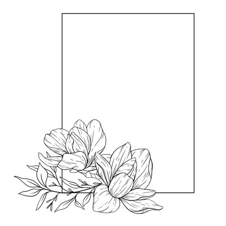 Floral Line art. Manolia Flower Outline. Line Drawing Flowers for floral Coloring Pages, Modern Minimalist Wedding invitationsのイラスト素材
