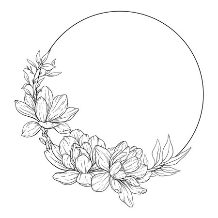 Floral Line art. Manolia Flower Outline. Line Drawing Flowers for floral Coloring Pages, Modern Minimalist Wedding invitationsのイラスト素材