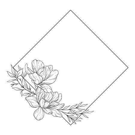 Floral Line art. Manolia Flower Outline. Line Drawing Flowers for floral Coloring Pages, Modern Minimalist Wedding invitationsのイラスト素材