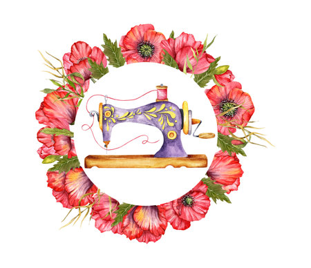 Sewing logo. Vintage sewing machine with floral wreath. Watercolor illustration on white isolated background. Hobby. Homemade hobby. Embroidery, sewing. Tailor shop logo.の写真素材