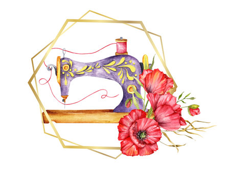 Sewing logo. Vintage sewing machine with floral wreath. Watercolor illustration on white isolated background. Hobby. Homemade hobby. Embroidery, sewing. Tailor shop logo.の写真素材