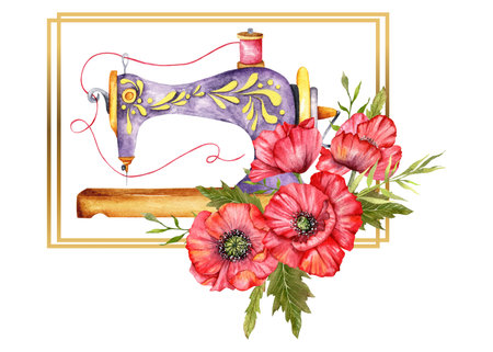 Sewing logo. Vintage sewing machine with floral wreath. Watercolor illustration on white isolated background. Hobby. Homemade hobby. Embroidery, sewing. Tailor shop logo.の写真素材