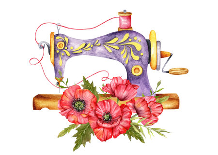 Sewing logo. Vintage sewing machine with floral wreath. Watercolor illustration on white isolated background. Hobby. Homemade hobby. Embroidery, sewing. Tailor shop logo.の写真素材