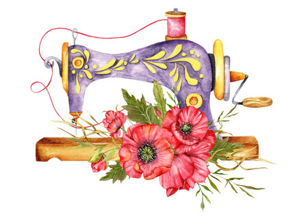 Sewing logo. Vintage sewing machine with floral wreath. Watercolor illustration on white isolated background. Hobby. Homemade hobby. Embroidery, sewing. Tailor shop logo.の写真素材