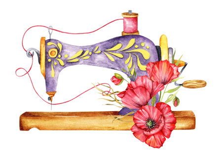 Sewing logo. Vintage sewing machine with floral wreath. Watercolor illustration on white isolated background. Hobby. Homemade hobby. Embroidery, sewing. Tailor shop logo.の写真素材