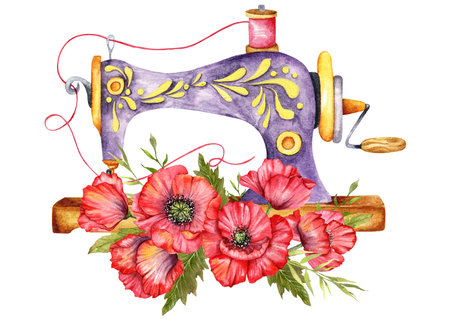 Sewing logo. Vintage sewing machine with floral wreath. Watercolor illustration on white isolated background. Hobby. Homemade hobby. Embroidery, sewing. Tailor shop logo.の写真素材
