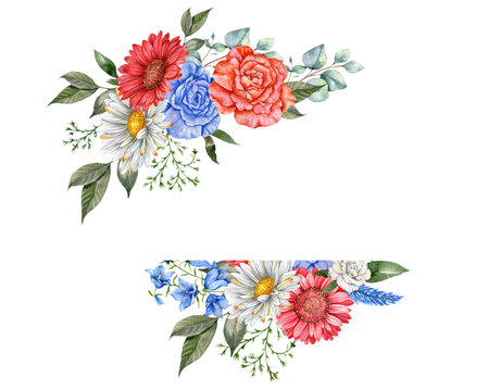 4th of July Patriotic Concept. Independence Day design element. Hand Painted Watercolor Floral Arrangement . botaical illustrationの写真素材