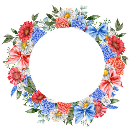 4th of July Patriotic Concept. Independence Day design element. Hand Painted Watercolor Floral Arrangement . botaical illustrationの写真素材