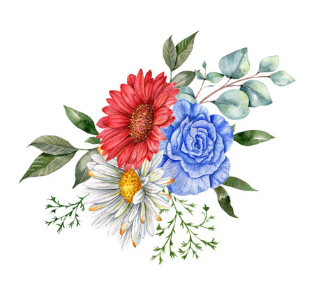 4th of July Patriotic Concept. Independence Day design element. Hand Painted Watercolor Floral Arrangement . botaical illustrationの写真素材