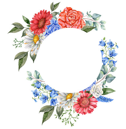 4th of July Patriotic Concept. Independence Day design element. Hand Painted Watercolor Floral Arrangement . botaical illustrationの写真素材