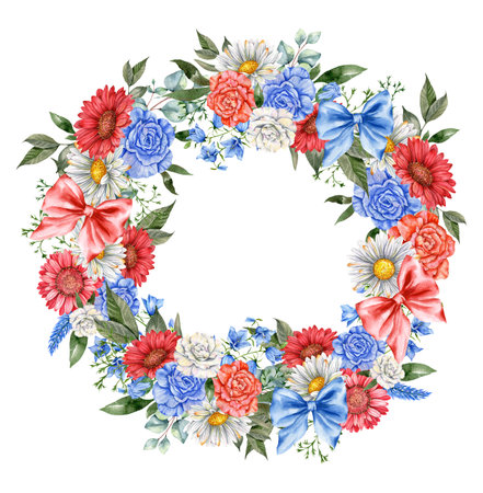 4th of July Patriotic Concept. Independence Day design element. Hand Painted Watercolor Floral Arrangement . botaical illustrationの写真素材