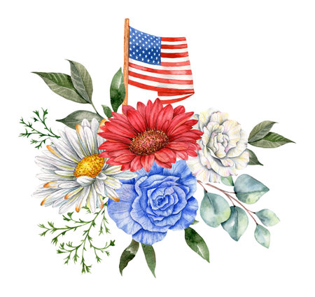 4th of July Patriotic Concept. Independence Day design element. Hand Painted Watercolor Floral Arrangement . botaical illustrationの写真素材