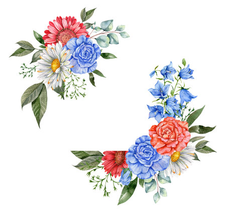4th of July Patriotic Concept. Independence Day design element. Hand Painted Watercolor Floral Arrangement . botaical illustrationの写真素材