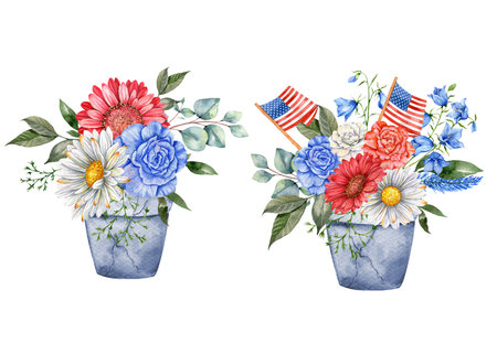 4th of July Patriotic Concept. Independence Day design element. Hand Painted Watercolor Floral Arrangement . botaical illustrationの写真素材