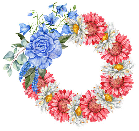 4th of July Patriotic Concept. Independence Day design element. Hand Painted Watercolor Floral Arrangement . botaical illustrationの写真素材