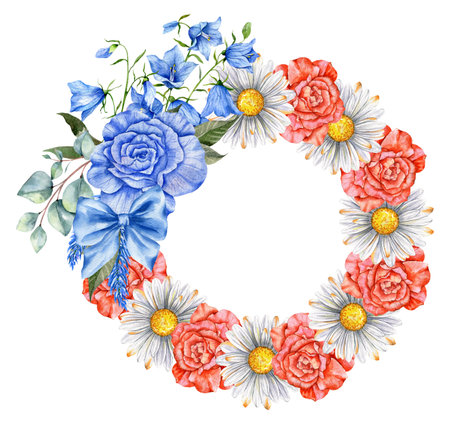 4th of July Patriotic Concept. Independence Day design element. Hand Painted Watercolor Floral Arrangement . botaical illustrationの写真素材
