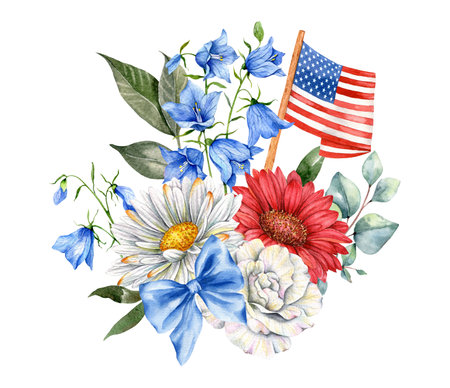 4th of July Patriotic Concept. Independence Day design element. Hand Painted Watercolor Floral Arrangement . botaical illustrationの写真素材