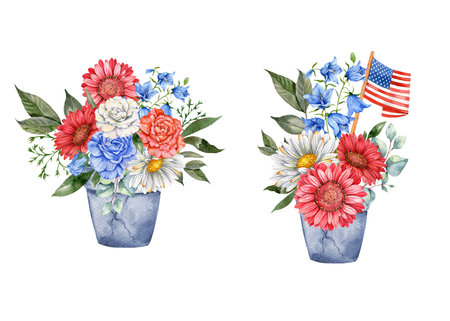 4th of July Patriotic Concept. Independence Day design element. Hand Painted Watercolor Floral Arrangement . botaical illustrationの写真素材