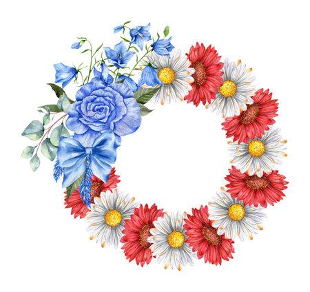 4th of July Patriotic Concept. Independence Day design element. Hand Painted Watercolor Floral Arrangement . botaical illustrationの写真素材