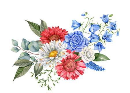 4th of July Patriotic Concept. Independence Day design element. Hand Painted Watercolor Floral Arrangement . botaical illustrationの写真素材