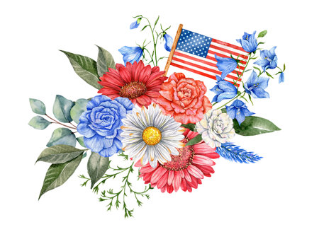 4th of July Patriotic Concept. Independence Day design element. Hand Painted Watercolor Floral Arrangement . botaical illustrationの写真素材