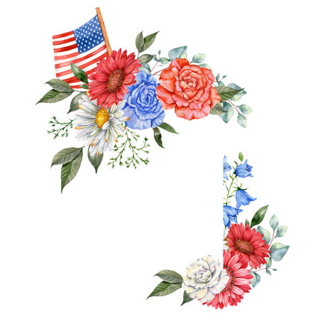 4th of July Patriotic Concept. Independence Day design element. Hand Painted Watercolor Floral Arrangement . botaical illustrationの写真素材
