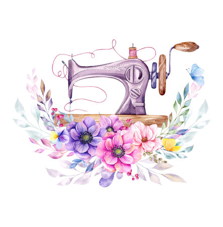 Sewing logo. Vintage sewing machine with floral wreath. Watercolor illustration on white isolated background. hobby. homemade hobby. Embroidery, sewing. tailor shop logo.の写真素材