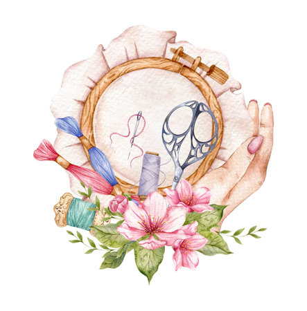 embroidery logo. Embroidery Hoop. Vintage Needlework with florals. Watercolor illustration on white isolated background. hobby. homemade hobby. Embroidery, sewing. tailor shop logoの写真素材