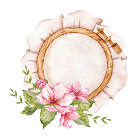 embroidery logo. Embroidery Hoop. Vintage Needlework with florals. Watercolor illustration on white isolated background. hobby. homemade hobby. Embroidery, sewing. tailor shop logoの写真素材