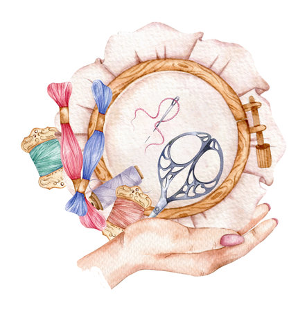 embroidery logo. Embroidery Hoop. Vintage Needlework with florals. Watercolor illustration on white isolated background. hobby. homemade hobby. Embroidery, sewing. tailor shop logoの写真素材