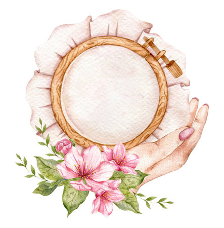 Embroidery logo. Embroidery Hoop. Vintage Needlework with florals. Watercolor illustration on white isolated background. Hobby. Homemade hobby. Embroidery, sewing. Tailor shop logoの写真素材