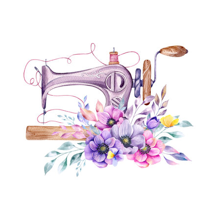 Sewing logo. Vintage sewing machine with floral wreath. Watercolor illustration on white isolated background. hobby. homemade hobby. Embroidery, sewing. tailor shop logo.の写真素材