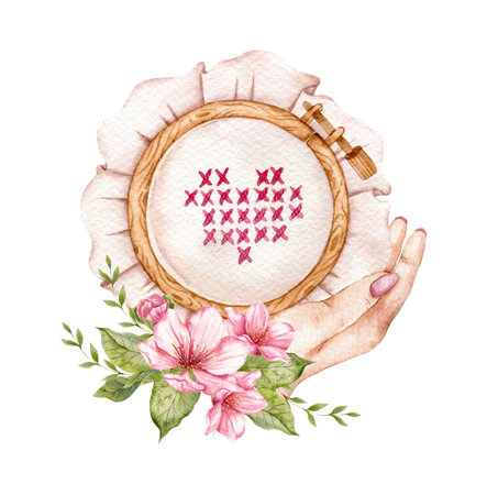 embroidery logo. Embroidery Hoop. Vintage Needlework with florals. Watercolor illustration on white isolated background. hobby. homemade hobby. Embroidery, sewing. tailor shop logoの写真素材