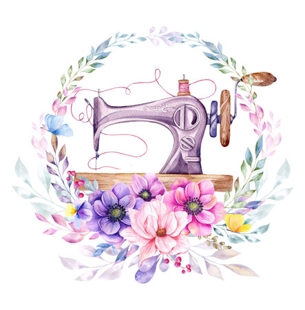 Sewing logo. Vintage sewing machine with floral wreath. Watercolor illustration on white isolated background. hobby. homemade hobby. Embroidery, sewing. tailor shop logo.の写真素材