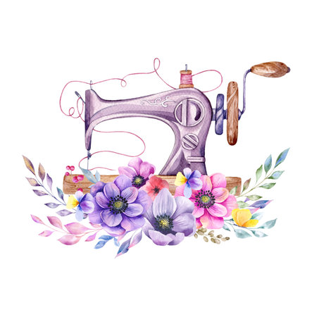 Sewing logo. Vintage sewing machine with floral wreath. Watercolor illustration on white isolated background. hobby. homemade hobby. Embroidery, sewing. tailor shop logo.の写真素材